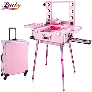 Professional Artist Makeup Case with Lights Aluminum Trolley Train Beauty Case with LED Mirror