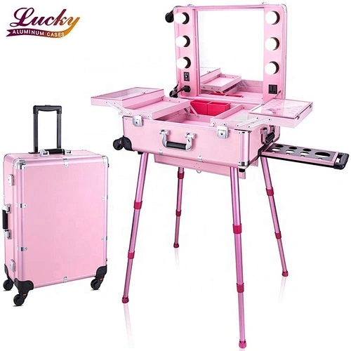 Professional Artist Makeup Case with Lights Aluminum Trolley Train Beauty Case with LED Mirror
