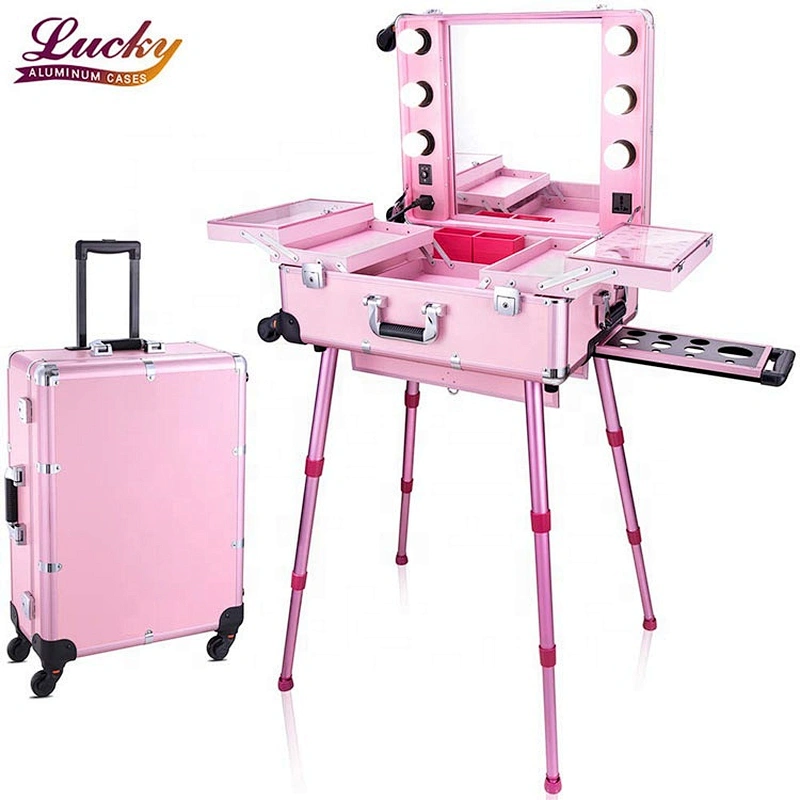 Professional Artist Makeup Case with Lights Aluminum Trolley Train Beauty Case with LED Mirror