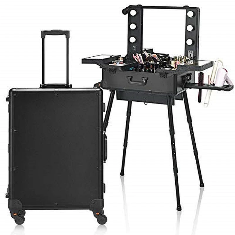 Rolling Aluminum Cosmetics Studio Case with Light Mirror