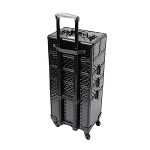 4-in-1 Rolling Makeup Train Case Lift Handle 4 Removable Wheels Lockable Keys Aluminum Cosmetic Trolley Case