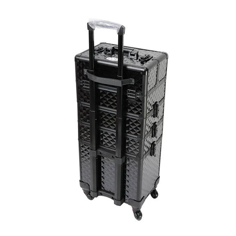 4-in-1 Rolling Makeup Train Case Lift Handle 4 Removable Wheels Lockable Keys Aluminum Cosmetic Trolley Case