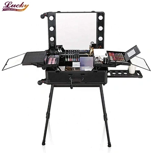 rolling Makeup Artist Train Box with Lights Station Trolley Studio Wheeled Case