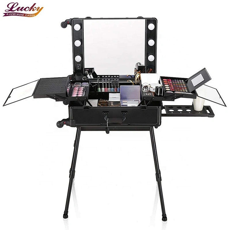 rolling Makeup Artist Train Box with Lights Station Trolley Studio Wheeled Case