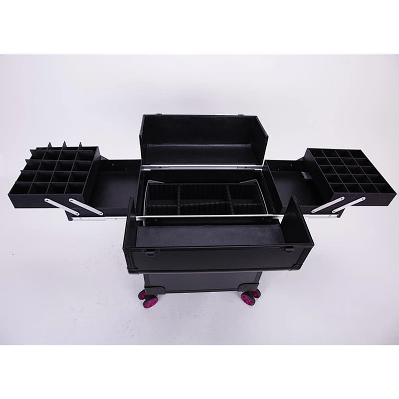 Rolling Aluminum Makeup Case Cosmetic Train Box Trolley Storage With 4 Trays