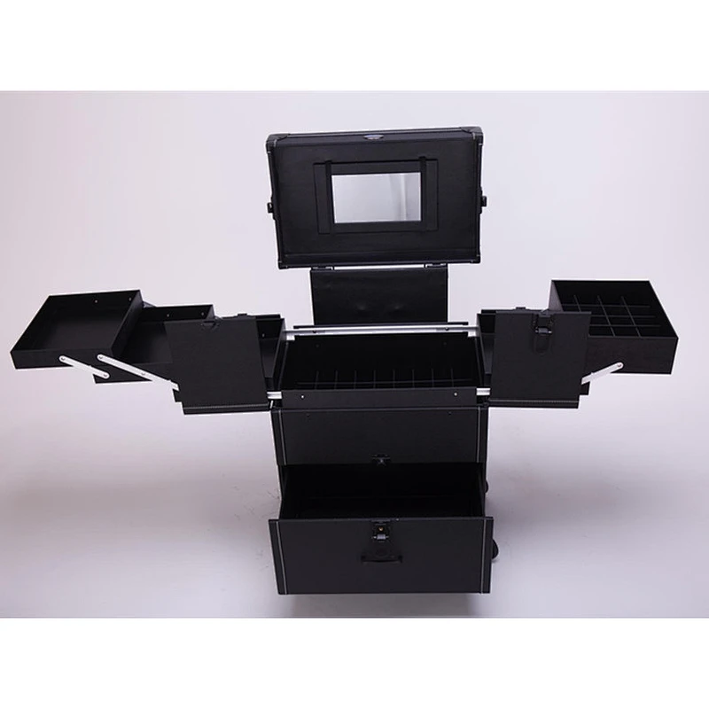 Lockable Makeup Train Case Professional Aluminum Rolling Cosmetic Organizer Trolley Makeup Case with Extendable Trays