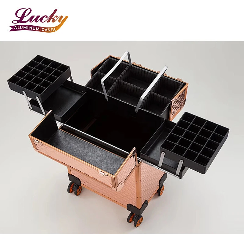 Rolling Aluminum Makeup Case Cosmetic Train Box Trolley Storage With 4 Trays