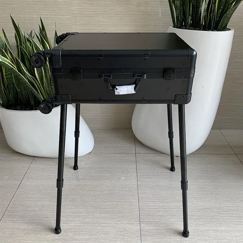 Aluminum Rolling Makeup Case With Lights And Mirror Large Cosmetic Storage Trolley Case Travel Adjustable Leg Extendable Trays