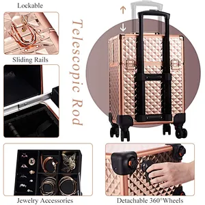 Professional Trolley Cosmetic Case Large Beauty Multi-Layer Makeup Tattoo Tool Case Diamond Rolling Rose Gold Suitcase
