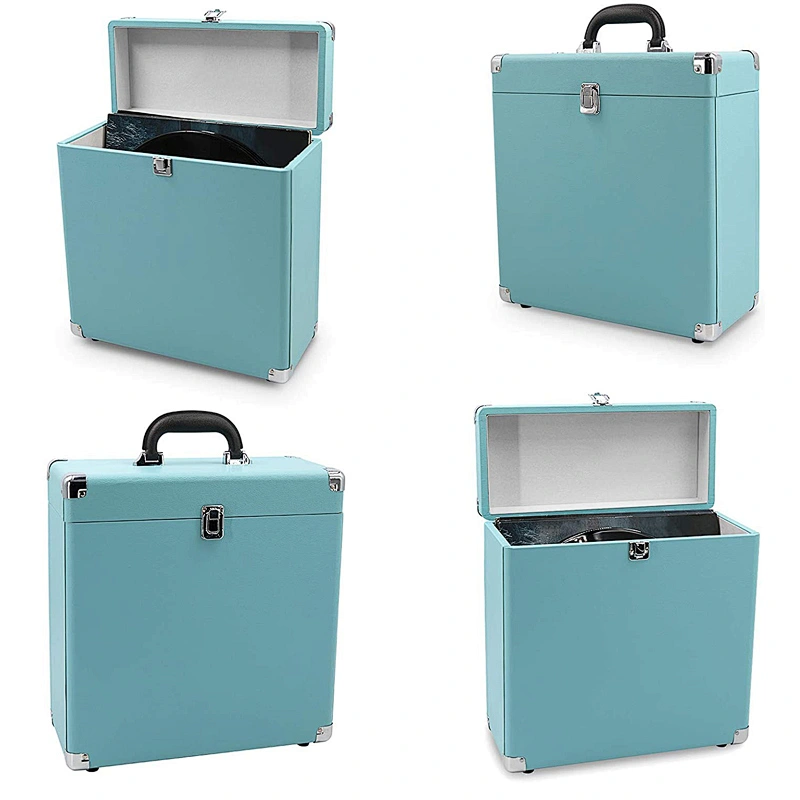 Leather Vinyl Record Box Portable 14 Inch Vinyl Record Heavy Duty Carrying Case for 30+ Records