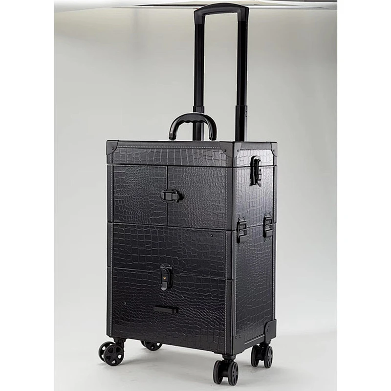 Lockable Makeup Train Case Professional Aluminum Rolling Cosmetic Organizer Trolley Makeup Case with Extendable Trays