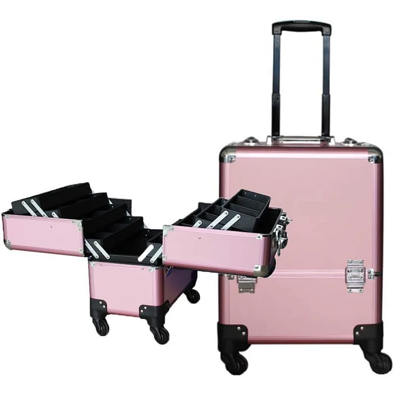 Professional Aluminum Makeup Train Case Organizer Interchangeable Cosmetic Rolling Train Trolley case