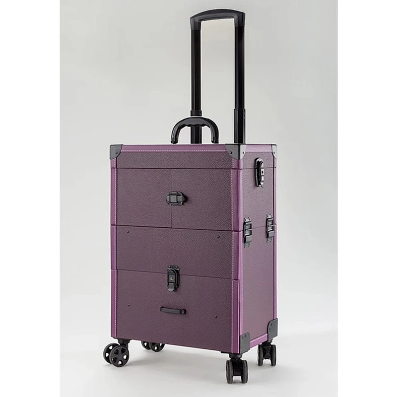 Lockable Makeup Train Case Professional Aluminum Rolling Cosmetic Organizer Trolley Makeup Case with Extendable Trays