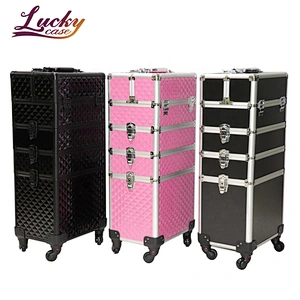 4 in 1 Professional Makeup Trolley Case Tall Multifunctional High Capacity Rolling Cosmetic Case Aluminum for Makeup Artist