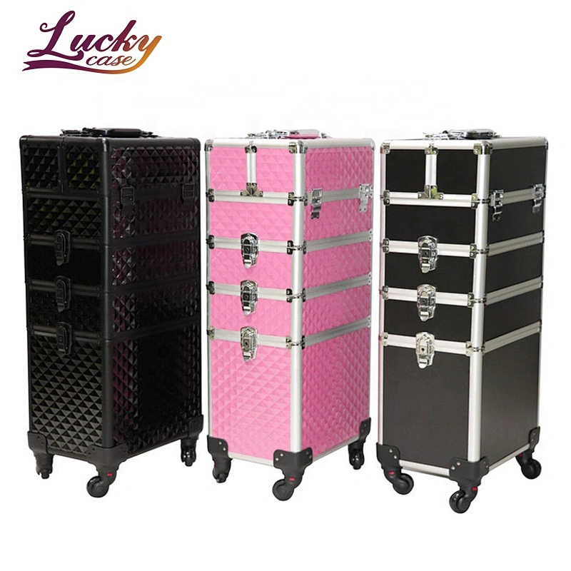 4 in 1 Professional Makeup Trolley Case Tall Multifunctional High Capacity Rolling Cosmetic Case Aluminum for Makeup Artist