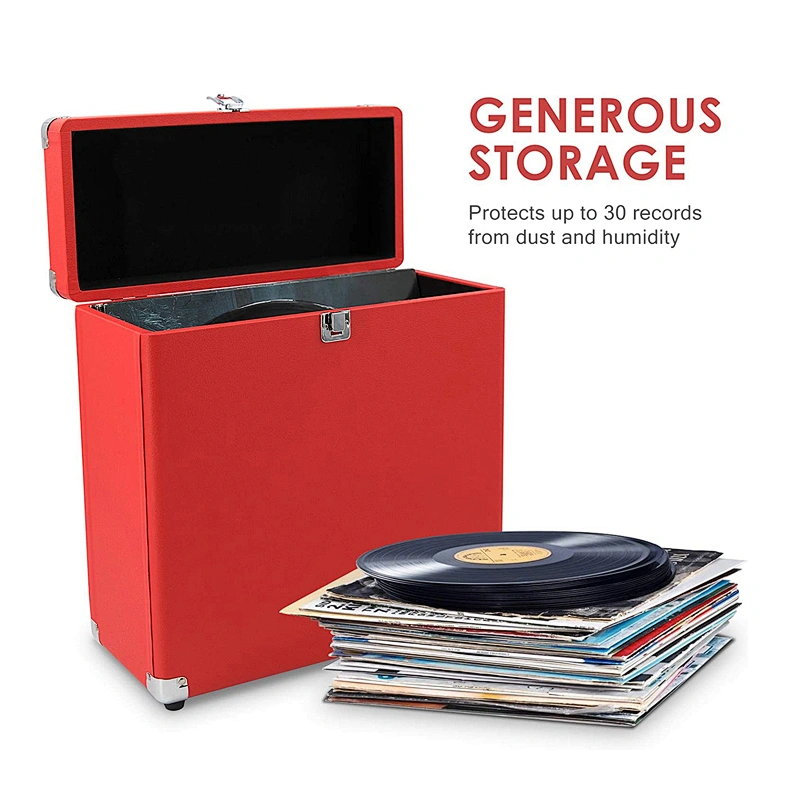 Red Vinyl Record Carry Case Large Capacity Professional LP Record Storage Case for 30 Records