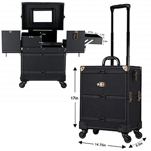 PU Surface Rolling Cosmetic Case Rolling Wheel Beauty Storage Travel Case Roll Cosmetic Case with Sliding Drawers With Mirror
