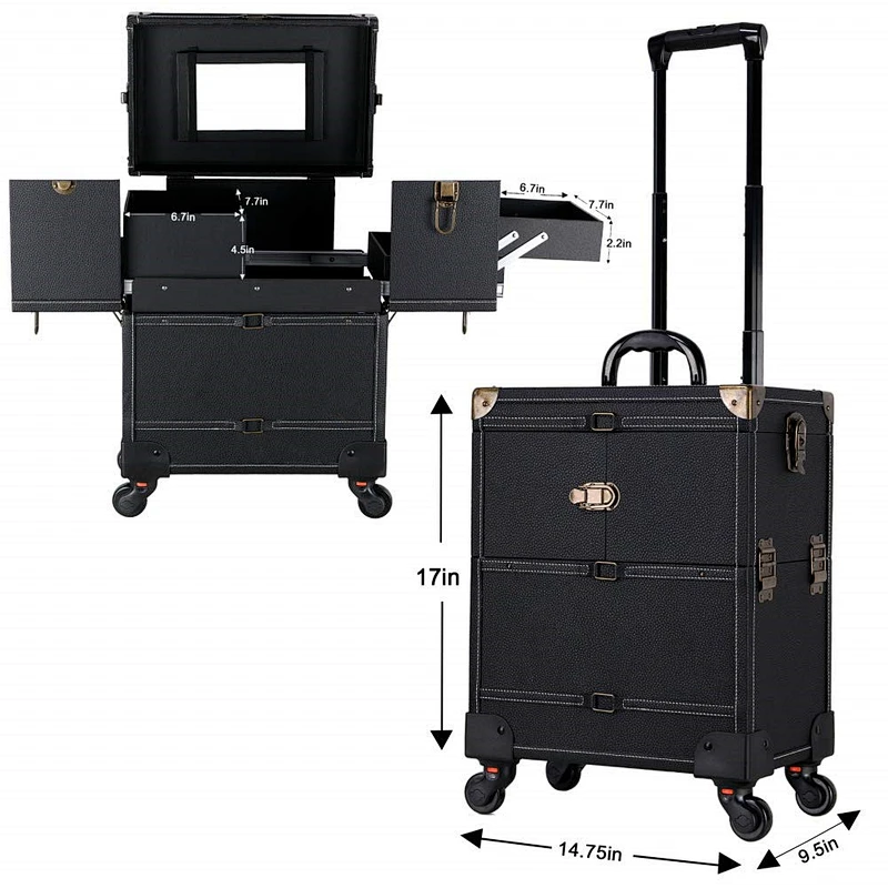PU Surface Rolling Cosmetic Case Rolling Wheel Beauty Storage Travel Case Roll Cosmetic Case with Sliding Drawers With Mirror