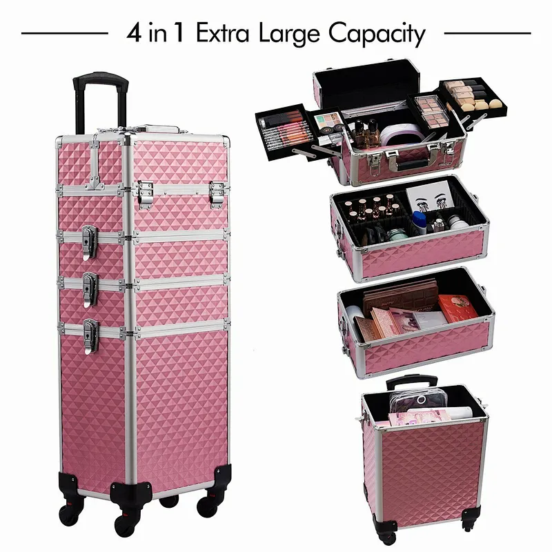 Large 4 in 1 Mobile Makeup Case Trolley Nail Vanity Beauty Box Rolling Case with 4 Removable Wheels