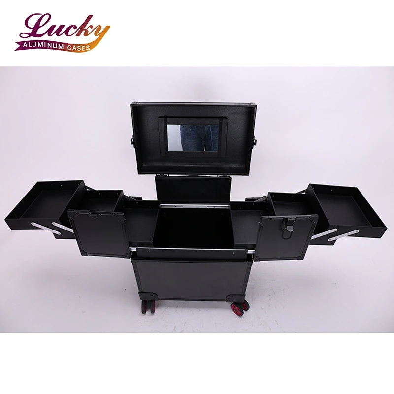Makeup Case on Wheels 4 Tier Rolling Trolley Makeup Train Case Cosmetic Organizer for Beauty with Extendable Trays