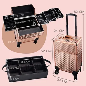Professional Trolley Cosmetic Case Large Beauty Multi-Layer Makeup Tattoo Tool Case Diamond Rolling Rose Gold Suitcase