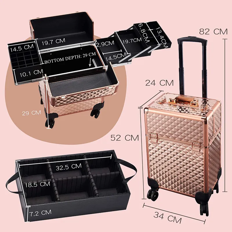 Professional Trolley Cosmetic Case Large Beauty Multi-Layer Makeup Tattoo Tool Case Diamond Rolling Rose Gold Suitcase