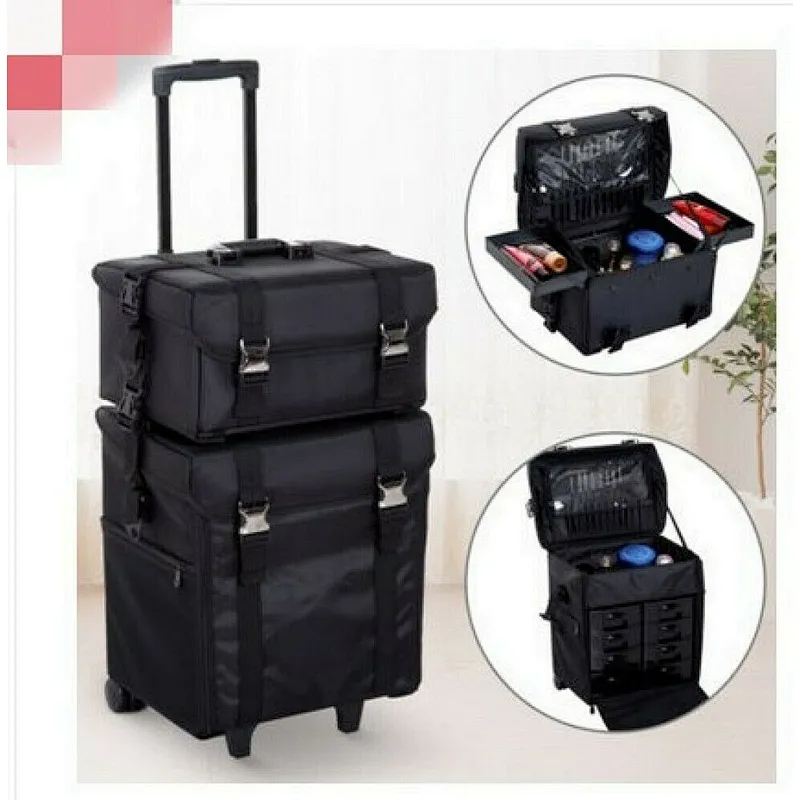 Black Portable Organizer Makeup Bag 2 In 1 Train Case Makeup Bag Cosmetic Case with Shoulder Strap and 2 Wheels