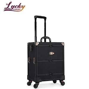 PU Surface Rolling Cosmetic Case Rolling Wheel Beauty Storage Travel Case Roll Cosmetic Case with Sliding Drawers With Mirror