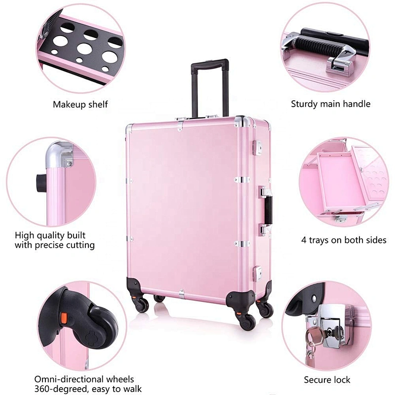 Professional Artist Makeup Case with Lights Aluminum Trolley Train Beauty Case with LED Mirror