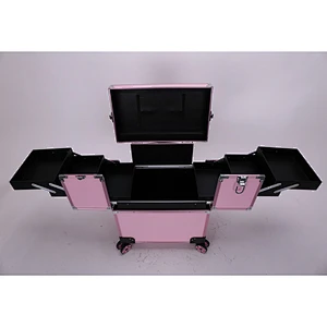 Makeup Case on Wheels 4 Tier Rolling Trolley Makeup Train Case Cosmetic Organizer for Beauty with Extendable Trays
