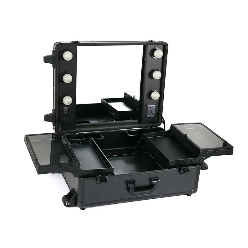 Professional Aluminum Light Cosmetic Case Trolley Case With Lights And Mirror, Makeup Station Lights Case