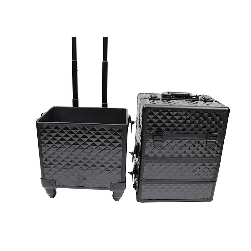 4-in-1 Rolling Makeup Train Case Lift Handle 4 Removable Wheels Lockable Keys Aluminum Cosmetic Trolley Case