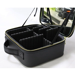 Custom Black PU Makeup Case with Compartments and Mirror