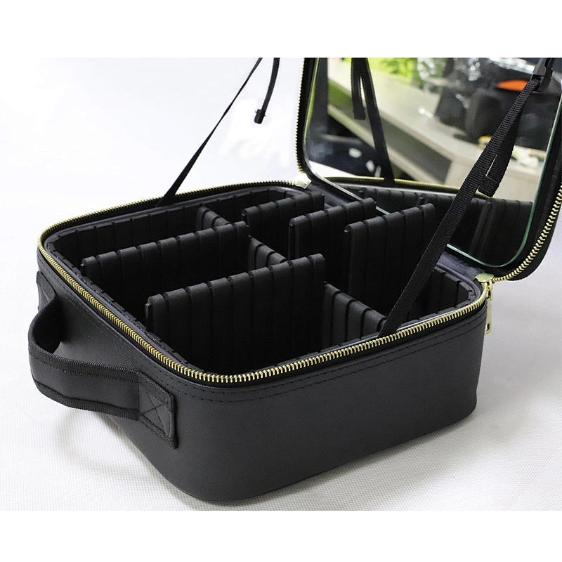 Custom Black PU Makeup Case with Compartments and Mirror