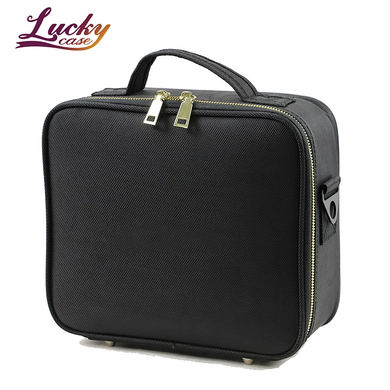 Black Custom Makeup Case with Brush Slots and Shoulder Strap for Toiletries Cosmetics Jewelry