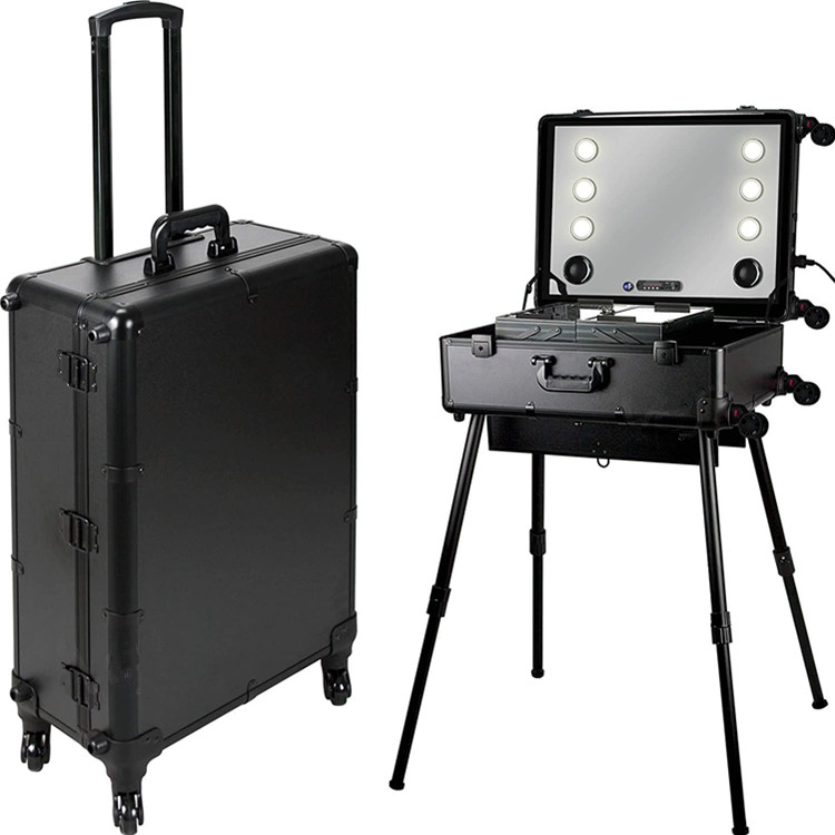 Rolling makeup case Studio 4-Legs Trolley Aluminum Makeup Case with Lighted Big Mirror