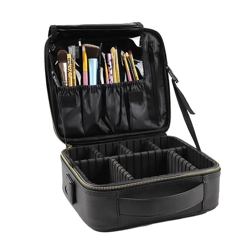 Multi-function Portable Leather Black Makeup Bag with Brush Compartment