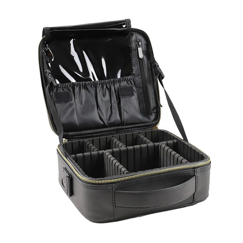 Multi-function Portable Leather Black Makeup Bag with Brush Compartment