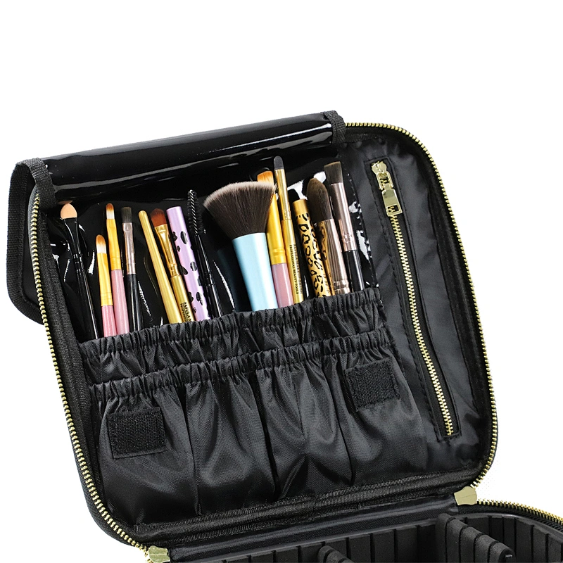 Black Custom Makeup Case with Brush Slots and Shoulder Strap for Toiletries Cosmetics Jewelry