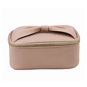 Custom Logo Cute Bow Pink Leather Cosmetic Carry Bag