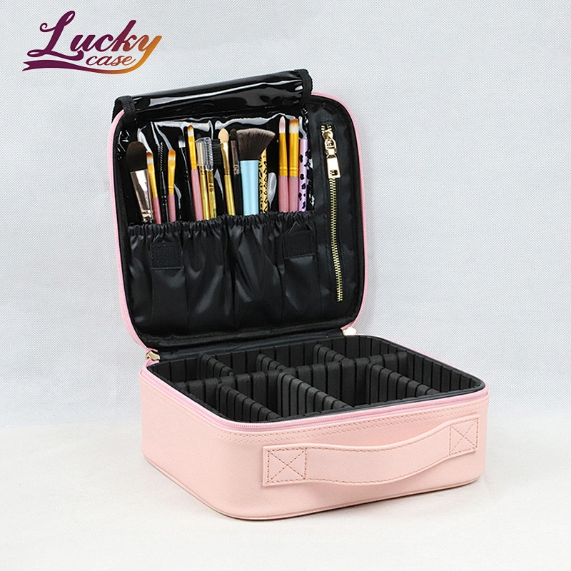 Leather Waterproof Cute Makeup Bags with Adjustable EVA Dividers and Double Zipper