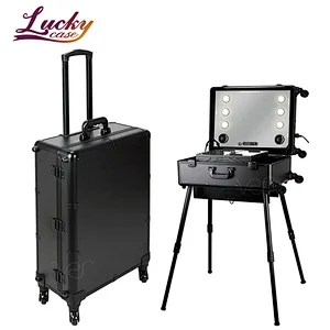Rolling makeup case Studio 4-Legs Trolley Aluminum Makeup Case with LED Big Mirror