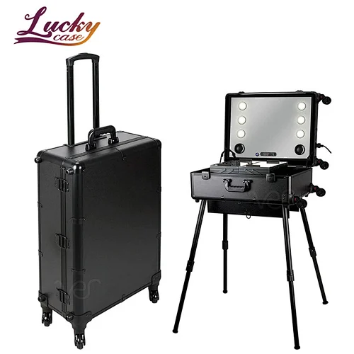 Rolling makeup case Studio 4-Legs Trolley Aluminum Makeup Case with LED Big Mirror