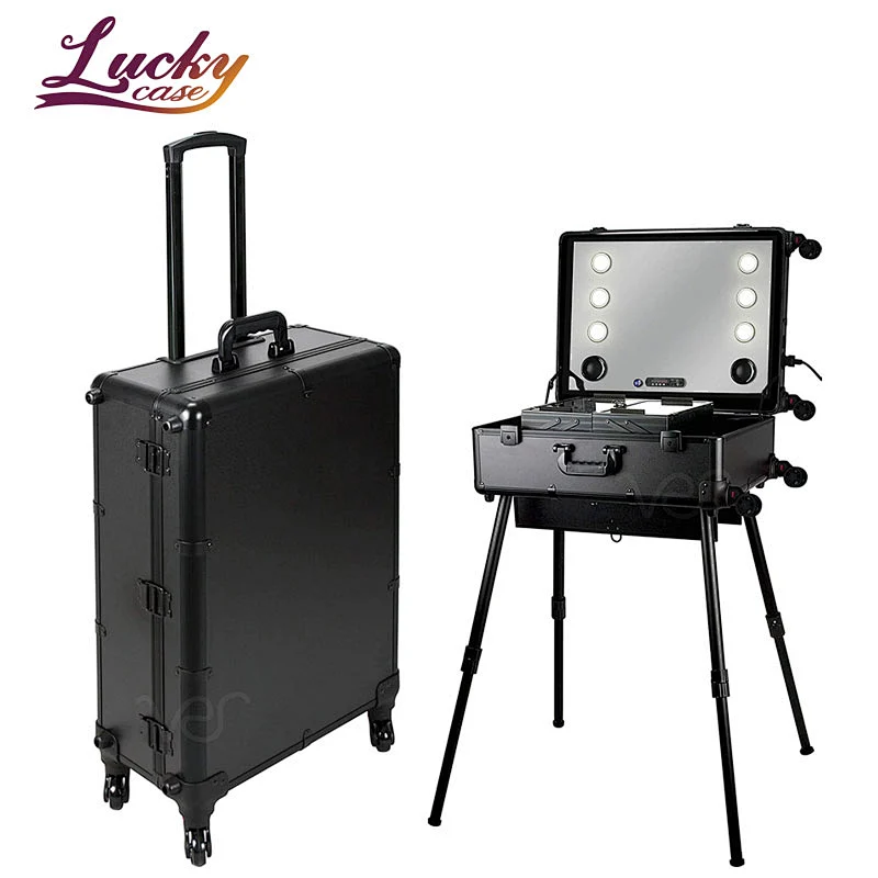 Rolling makeup case Studio 4-Legs Trolley Aluminum Makeup Case with LED Big Mirror