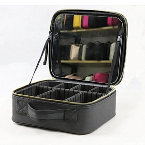 Custom Black PU Makeup Case with Compartments and Mirror