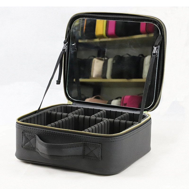 Custom Black PU Makeup Case with Compartments and Mirror