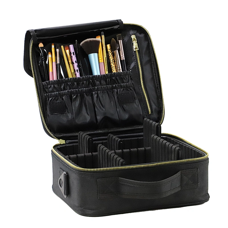 Black Custom Makeup Case with Brush Slots and Shoulder Strap for Toiletries Cosmetics Jewelry