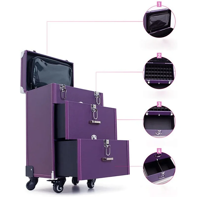 Rolling Makeup Case 4 in1 Cosmetic Lockable Trolley Makeup Nail Artist Travel Train Case Organizer Box with drawer