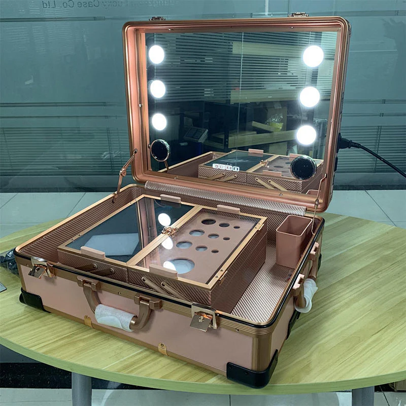 Low MOQ Led Lighted Mirror Makeup Box Trolley Case with Speaker