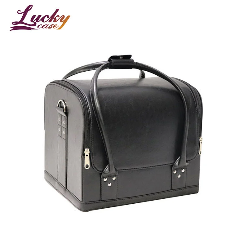Multi-layer Large Leather Makeup Bag with 4 Trays for Makeup Artist Tattoo